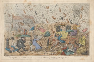 Nagyon kellemetlen időjárás, vagy a régi mondás igazolta "eső macskák, kutyák és vasvillák."!!! alkotó: George Cruikshank