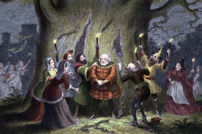 William Shakespeare A windsori víg feleségek című darabot először 1597-ben vagy 1600-ban mutatták be. Falstaff, miután megtartotta feltételezett megbízatását a windsori erdő úrnőjével, Forddal Herne, a Vadász szerepében, és „tündérek” megcsípték és megütöt alkotó: George Cruikshank