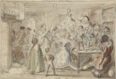 Xit, immár Sir Narcissus Le Grand, esküvője napján szórakoztatja barátait alkotó: George Cruikshank