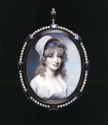 Lindsay asszony (?) portré miniatűrje 1790 körül (akvarell, elefántcsont) alkotó: George Engleheart