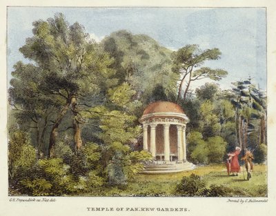 Pan Temple, Kew Gardens, 12. tábla a Kew Gardensből: Huszonnégy kőrajz sorozata, Charles Hullmandel (1789-1850) metszetében, 1820-ban megjelent (kézzel színezett litó) alkotó: George Ernest after Papendiek