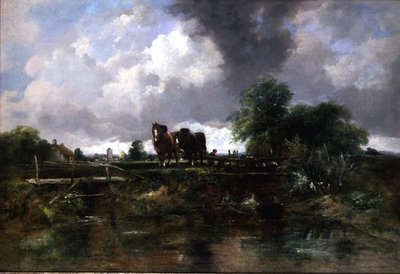 Erdős folyó táj lovakkal, akik zárat dolgoznak (olaj, vászon) alkotó: George Frederic Watts