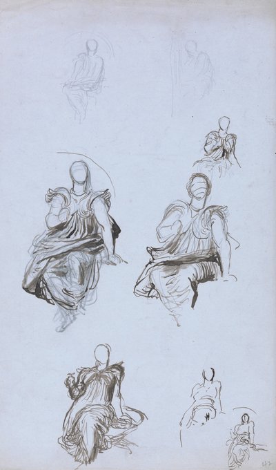 Tanulmányok egy ülő alakról egy könyvvel (toll és barna tinta és grafit kék papíron) alkotó: George Frederick Watts