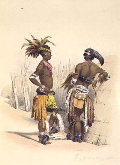 Umbambu és Umpengulu, fiatal zuluk táncos ruhában, 15. tábla a "The Kafirs Illustrated"-ből. alkotó: George French (after) Angas