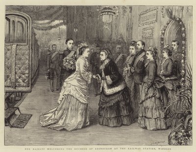 Őfelsége üdvözli Edinburgh hercegnőjét a windsori pályaudvaron alkotó: George Goodwin Kilburne