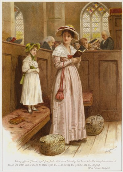 Az ötéves Mary Anne Evans egyre intenzívebben érzi, hogy berobban a közélet tudatába, amikor a zsoltárok és az éneklés közben az ülésre állítják. alkotó: George Goodwin Kilburne
