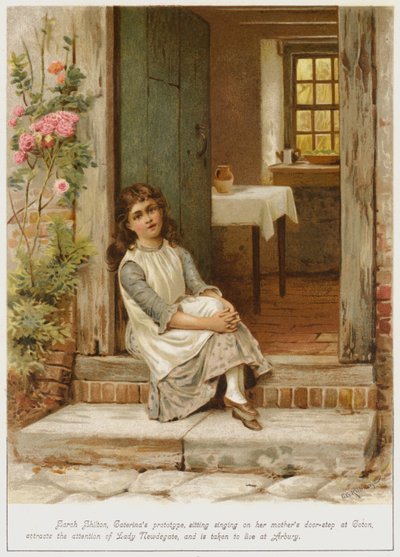 Sarah Shilton, a Caterinas prototípusa, aki énekel az anyja ajtóküszöbén Cotonban, felhívja Lady Newdegate figyelmét, és Arburybe viszik lakni. alkotó: George Goodwin Kilburne