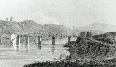 Híd az ohiói Zanesville-ben, Adlard Welby 1821-ben megjelent "Észak-Amerika és az Illinois-i angol települések meglátogatása" című művéből. alkotó: George Harvey