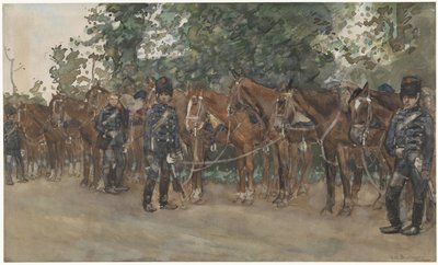 Huszárok álltak lovaik mellett az út szélén alkotó: George Hendrik Breitner