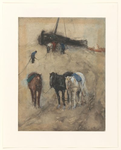 Lovak a tengerparton, a háttérben egy bárka és halászok alkotó: George Hendrik Breitner