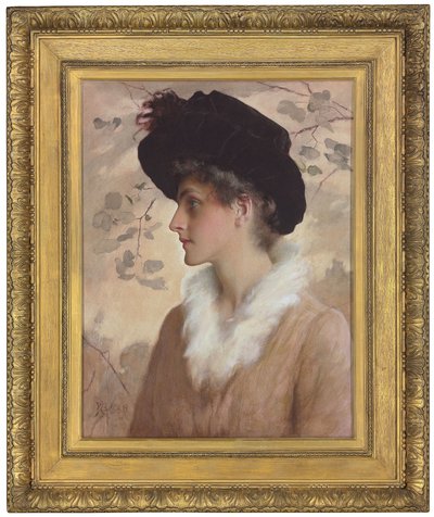 Egy hölgy portréja, félalakos, fekete kalapban és prémes lopás, 1888 alkotó: George Henry Boughton