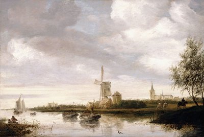 Folyói táj uszályokkal és vitorlákkal, valamint templommal azon túl alkotó: George Henry Clements