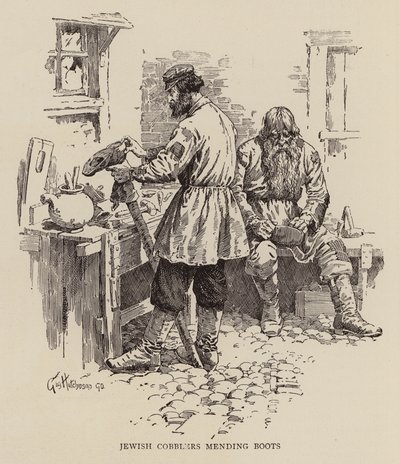 Zsidó cipész csizmát javít (metszet) alkotó: George Hutchinson