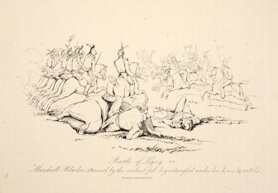 Ligny-i csata: Marshall Blucher, akit megdöbbentett az erőszakos esés, belegabalyodva feküdt a lova alatt, J. Booth kocsma, 1816 alkotó: George Jones