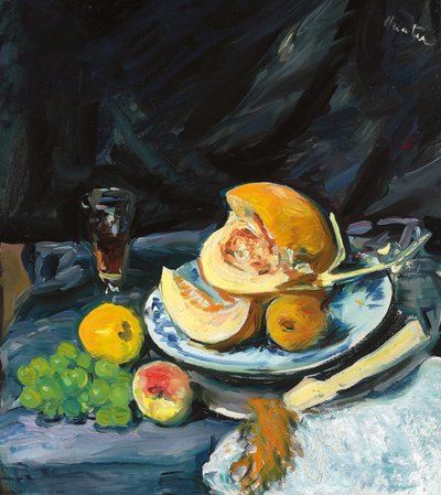 Csendélet vágott dinnyével, üveggel és legyezővel, c. 1920 alkotó: George Leslie Hunter