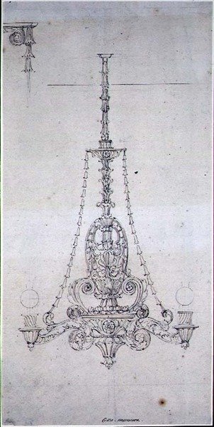 Dizájn csillárhoz (toll és szépia tinta papíron) alkotó: George Maddox
