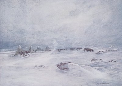 Hóvihar a sorompón, illusztráció a „Nimród az Antarktiszon 1907-2009-ben”, írta Sir Ernest Shackleton (1874-1922) alkotó: George Marston
