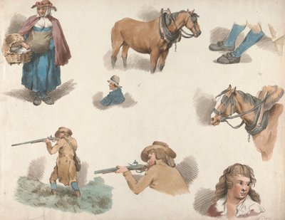 Ötös készlet: Nyolc tanulmány: Nő kosárral, Pislogó szekérló stb. alkotó: George Morland