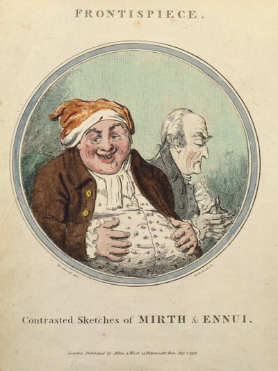 Mirth és Ennui kontrasztos vázlatai (kézzel színezett rézkarc) alkotó: George Moutard Woodward