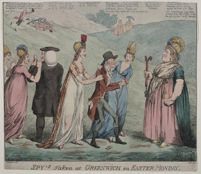 Windsor anya négy udvarhölgyével megparancsolja lányainak, hogy tartóztassák le Durham püspökét és Queensbury hercegét, 1798 (színes rézkarc) alkotó: George Moutard Woodward