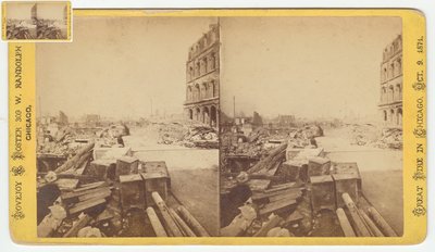 A Dearborn Street romjairól készült széfek sztereográfja az 1871-es, 1871-es chicagói tűzvész után (bw fotó a kártyatartón) alkotó: George N. Barnard