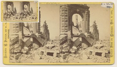 A Bryan blokk sztereográfiája a Monroe és a LaSalle Streets északnyugati sarkán az 1871-es, 1871-es chicagói tűzvész után (bw fotó a kártyatartón) alkotó: George N. Barnard