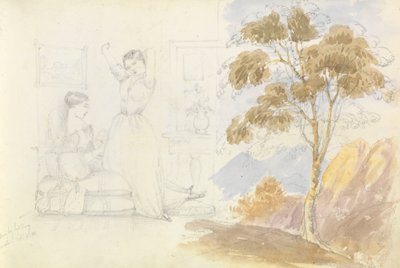 Két fiatal nő vázlata, az egyik ül és olvas, a másik nyújtózkodik és ásít (Lord Bury rajzolta), mellette egy fa rajza. alkotó: George Pechell Mends