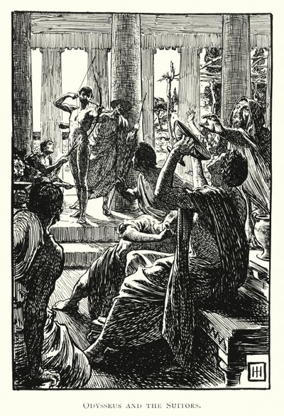 Odüsszeia: Odüsszeusz és az udvarlók (metszet) alkotó: George Percy Jacomb Hood