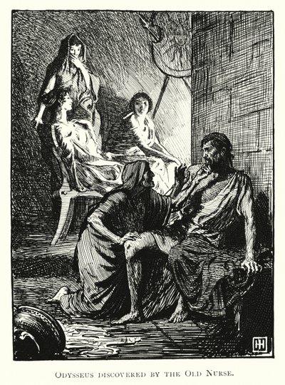 Odüsszeusz: Az öreg ápolónő által felfedezett Odüsszeuszt (metszet) alkotó: George Percy Jacomb-Hood