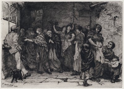 Fizetési nap a pamutgyárban (rézkarc) alkotó: George Percy Jacomb-Hood