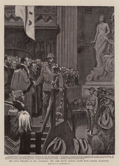 A város üdvözlete a Guildhallban, a Lord Mayor kezet fog Mackinnon ezredessel alkotó: George Percy Jacomb-Hood