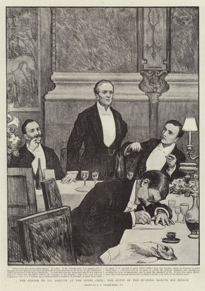 A vacsora Mr. Asquith-nek a Hotel Cecilben, az est vendége, aki beszédet mond alkotó: George Percy Jacomb-Hood