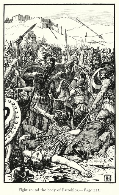 Az Iliász: Harc Patroklos teste körül (metszet) alkotó: George Percy Jacomb-Hood
