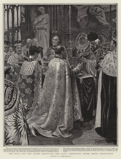 A király és a királynő szentáldozásban részesül a koronázás után alkotó: George Percy Jacomb-Hood
