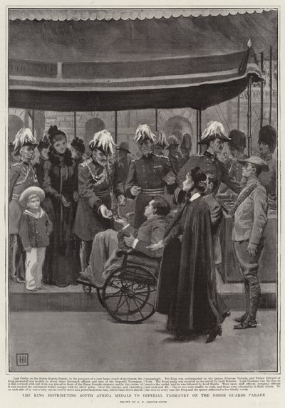 A király Dél-Afrika-érmeket oszt ki a császári lovasságnak a Horse Guards Parade-on alkotó: George Percy Jacomb Hood