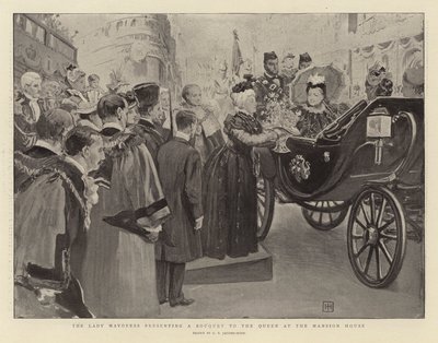 A Polgármesternő Csokrot ad át a Királynőnek a Kúriaházban alkotó: George Percy Jacomb Hood