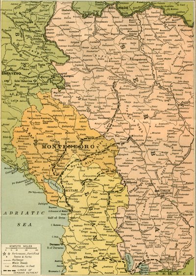 Térkép a szerb visszavonulás szemléltetésére, 1919. alkotó: George Philip and Son Ltd