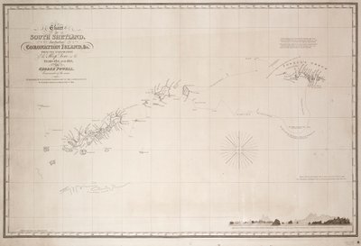 Dél-Shetland térképe, beleértve a Koronázási-szigetet is, a Dove nevű vitorláshajó 1821-es és 1822-es felfedezéséből, amelyet George Powell parancsnok végzett 1821-ben és 1822-ben. alkotó: George Powell