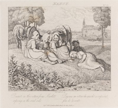 Parasztok visszatérnek a piacról, Nancy, 1821 körül (rézkarc) alkotó: George Robert Lewis