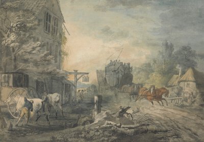 Egy Stagecoach és négyen rohannak át egy falun a Bath-London úton alkotó: George Robertson