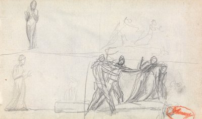 Csoportjelenet és két vázlat egy álló alakról alkotó: George Romney