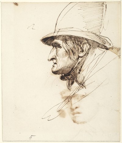 Profilból látható férfi feje, nagy kalappal a fején alkotó: George Romney