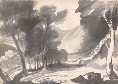 Tájkép-tanulmány: Cserjés, tó és hegyek alkotó: George Romney