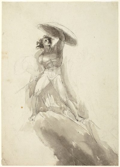 Pajzsot tartó, nagy léptekkel haladó férfi akt: vázlat a „Lázadó angyalok bukása” című műhöz alkotó: George Romney