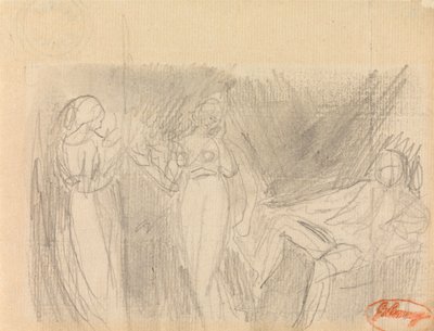 Két nő és egy ülő férfi alkotó: George Romney