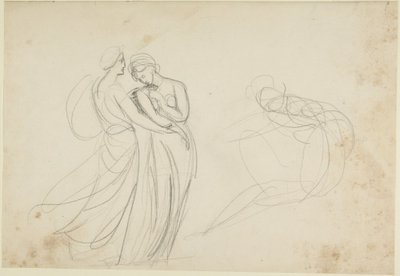 Két női alak egy ülő alak előtt, vázlat a „Két leány, akik jósnőt kérdeznek” című műhöz alkotó: George Romney
