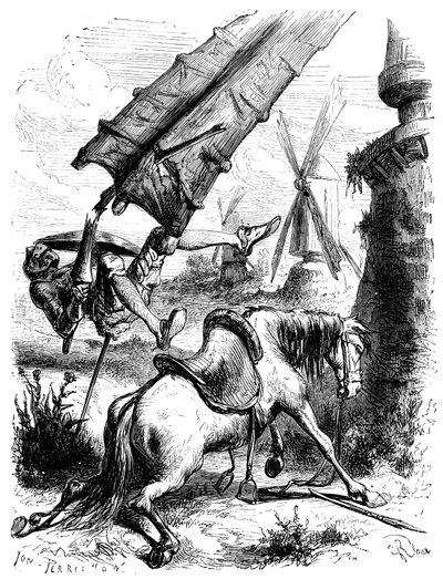 Csata a malmok ellen: Don Quijote és Rossinante egy malom szárnya által a földre dobva alkotó: George Roux