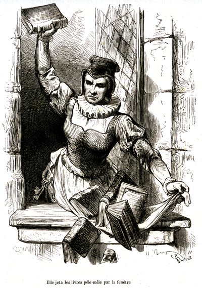 Don Quijote nevelőnője kidobja a könyvtárában lévő könyveket az ablakon. alkotó: George Roux