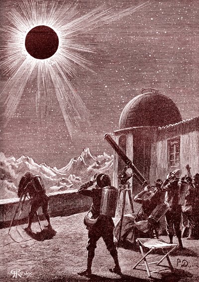 Az afrikai sivatag felfedezői a napfogyatkozást nézik. 1888 (metszet) alkotó: George Roux