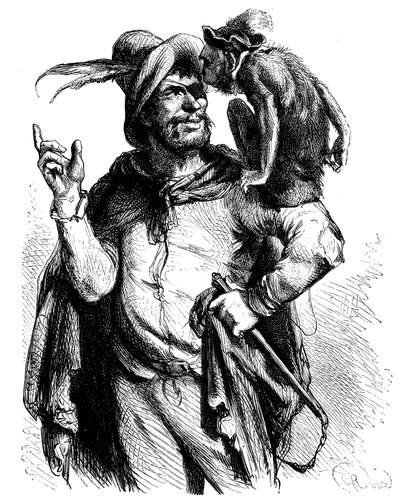 George Roux (1853-1929) illusztrációja Cervantes Don Quijote című művéhez: Péter mester és majma - a majom az irodalomban - alkotó: George Roux